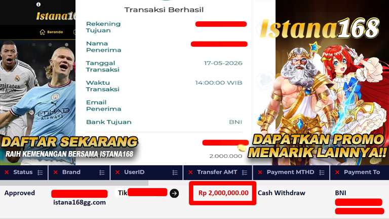 BUKTI KEMENANGAN WD MEMBER ISTANA168 IDR 2.000.000,-