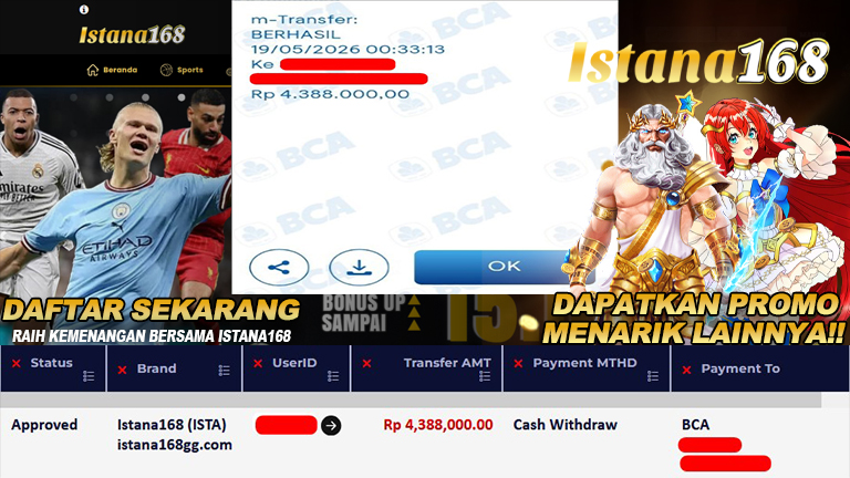 BUKTI KEMENANGAN WD MEMBER ISTANA168 IDR 4.388.000