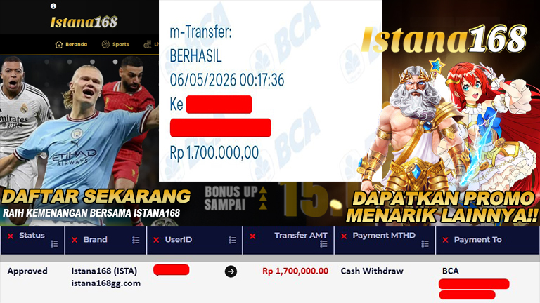 BUKTI KEMENANGAN WD MEMBER ISTANA168 IDR 1.700.000