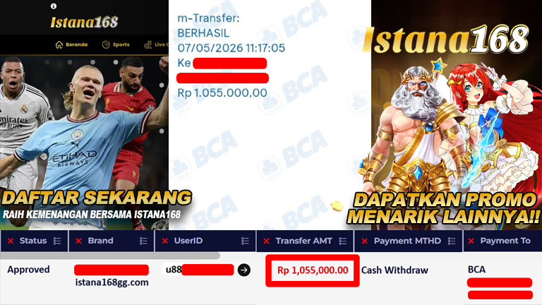 BUKTI KEMENANGAN WD MEMBER ISTANA168 IDR 1.055.000,-