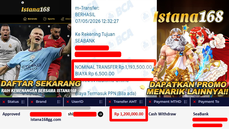 BUKTI KEMENANGAN WD MEMBER ISTANA168 IDR 1.200.000,-
