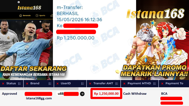 BUKTI KEMENANGAN WD MEMBER ISTANA168 IDR 1.250.000,-
