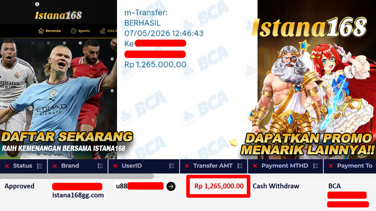 BUKTI KEMENANGAN WD MEMBER ISTANA168 IDR 1.265.000,-