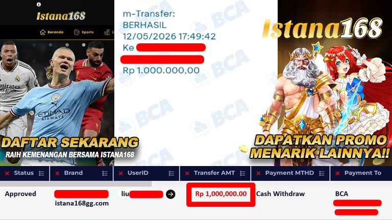 BUKTI KEMENANGAN WD MEMBER ISTANA168 IDR 1.000.000,-