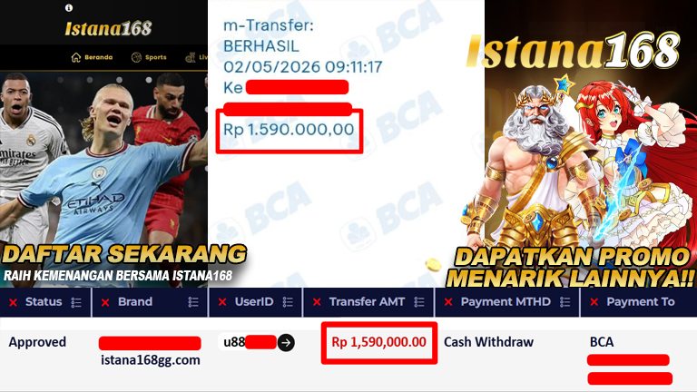 BUKTI KEMENANGAN WD MEMBER ISTANA168 IDR 1.590.000,-